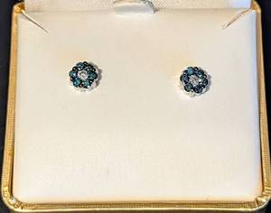 lot 47 image: 14k White Gold and Blue Stone Stud Earrings