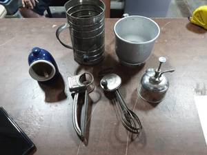 lot 20 image: Lot Of Vintage Kitchen Tools Sifters, Beater, Ceramic Salt Pig, More