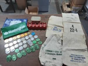 lot 30 image: Mardi Gras Doubloons, Tokens, Bank Bags, Casino Token Rack