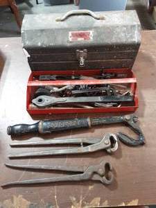 lot 40 image: Tool Box With Old Tool Contents Cyclops Fence Tool, Nail Pullers, More