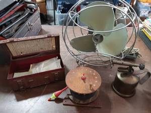 lot 41 image: Vintage Westinghouse Fan, Little Blow Torch, Rattle Reel, Old First Aid Kit Box