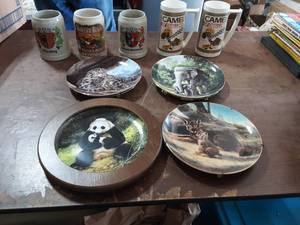 lot 44 image: 2-Camel Thermo Mugs, 3-Beer Steins & 4-Collectible Wildlife Plates