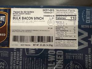 lot 30 image: H. 35lbs Bacon-Bulk Natural Hickory Smoked Thin Sliced