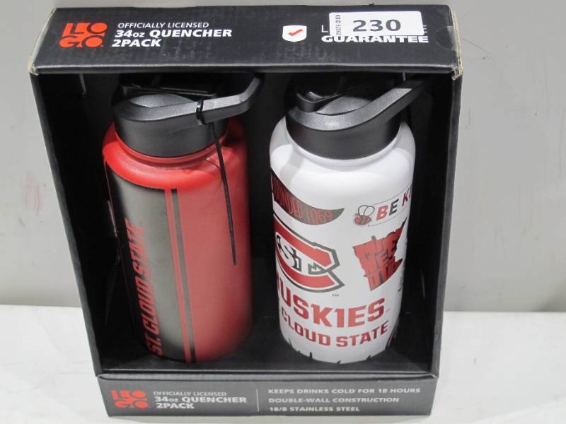 lot 251 image: NEW 2 Pack of Log Brands Officially Licensed NCAA 34oz Quencher Bottles - St. Cloud State Huskies