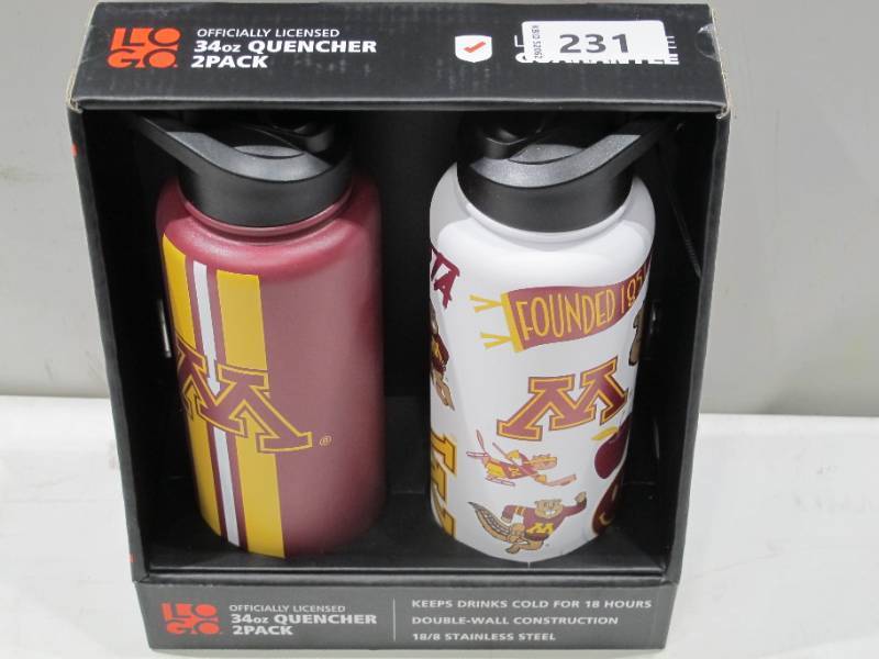 lot 252 image: NEW 2 Pack of Log Brands Officially Licensed NCAA 34oz Quencher Bottles - University of Minnesota