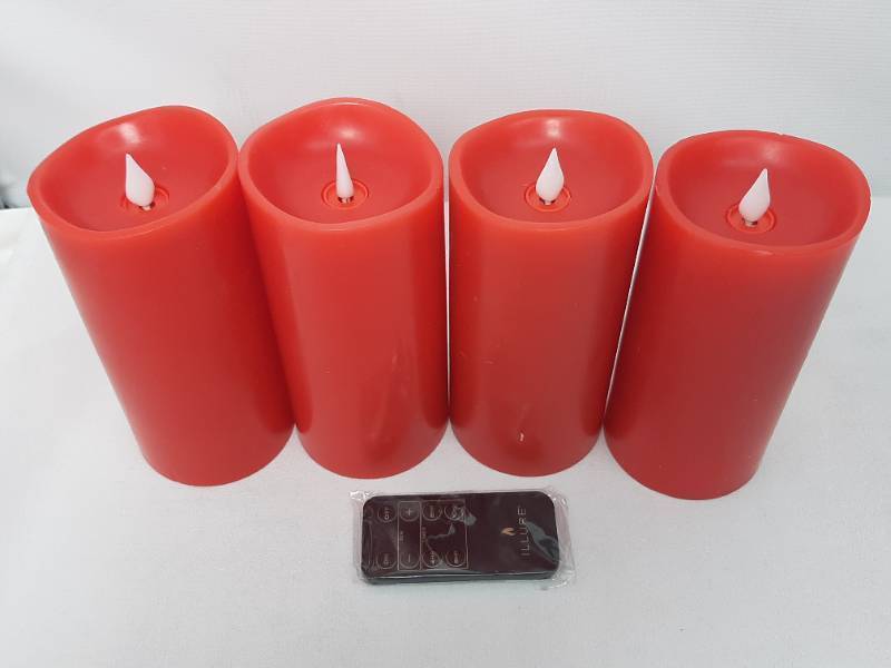 lot 702 image: Illure 4-Pack 7 Inch Lumi360 Battery Operated Candles Red w Remote
