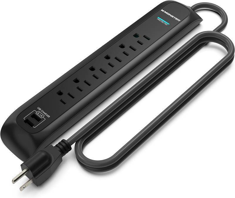 lot 744 image: Monster 6ft Heavy Duty Black Power Strip and Tower Surge Protector, 1200 Joule Rating, 6 120V-Outlets, and 2 USB-A Ports