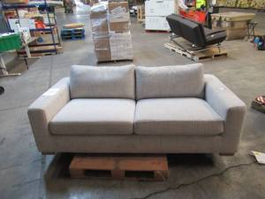 lot 113 image: Nice 2 Cushion Fabric Sofa Couch in Light Gray - Some Rust Stains on Bottom Front