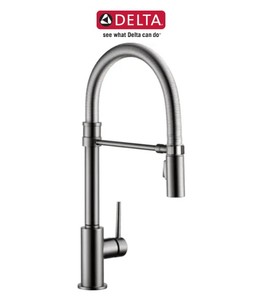 lot 382 image: Delta 9659-KS-DST Trinsic Pre-Rinse Pull-Down Kitchen Faucet with Magnetic Docking Spray Head - Black Chrome