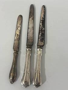 lot 37 image: .925 Silver Hand Etched Knives (5oz total weight)