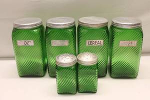 lot 225 image: Vintage Green Glass Kitchen Canister Set with Metal Lids - 5 Pieces