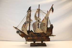lot A-256 image: Vintage Wooden Sailboat Model with Painted Sails