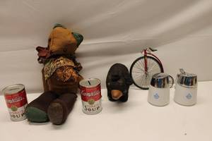 lot 270 image: Assorted Vintage Collectibles Lot - Teddy Bear, Bank, Shakers, and Penny-Farthing