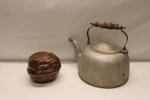 lot 276 image: Vintage Metal Tea Kettle and Walnut-Shaped Ceramic Container by Arners
