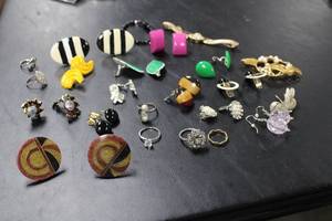 lot 293 image: Vintage Jewelry Lot - Assorted Earrings, Rings, Brooch, Watch, and Bracelet