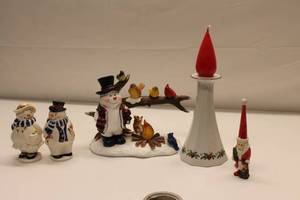 lot 301 image: Assorted Holiday Decor Figurines - Snowmen, Santa, Candle Holder