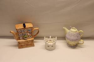 lot 332 image: Ceramic Teapot and Candle Holder Lot - Hand Painted and Decorative