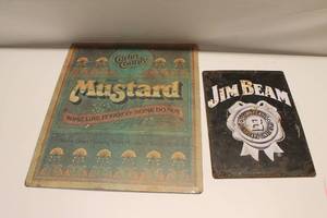 lot 337 image: Vintage Metal Sign Lot Carlin County Mild Mustard & Jim Beam