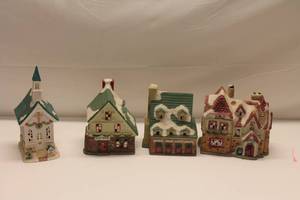 lot 340 image: Set of 4 Christmas Village Houses - Bedford Falls Chapel, Reindeer Barn, Elves House, Santa Claus House