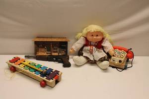 lot 342 image: Vintage Toy Collection Including Doll, Xylophone, Model House, Toy Gun, and Telephone