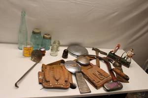 lot 357 image: Vintage Collectibles and Tools Lot Including Mason Jars, Decorative Items, and More