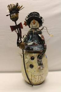 lot 424 image: Handcrafted Metal Snowman Figurine with Winter Scene