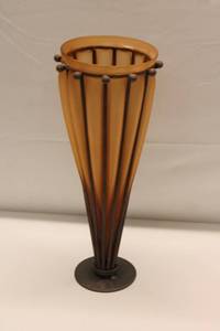 lot 428 image: Vintage Tall Amber Glass and Metal Vase