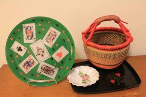 lot 446 image: Decorative Plate, Floral Dish, Woven Basket, and Card-Themed Tray Collection