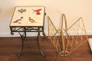 lot 449 image: Vintage Metal Side Table with Bird Artwork Tiles and Magazine Rack