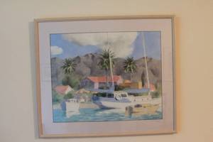 lot 450 image: Framed Artwork of Boats on Water with Mountains