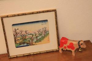 lot 459 image: Framed Japanese Print with Swiss Wood Cow Sculpture