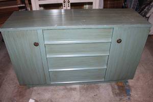 lot A-484 image: Vintage Blue Wooden Sideboard with Shelving and Drawers
