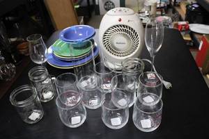 lot 373 image: Assorted Kitchenware Lot with Heater and Dinnerware