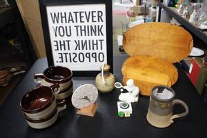 lot 374 image: Mixed Lot Featuring Girl Scouts Memorabilia, Stoneware, Wall Decor, and More