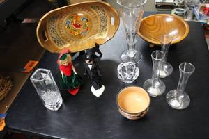 lot 377 image: Collection of Decorative Glassware, Wooden Bowls, Dolls, and Foldable Basket