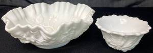 lot 57 image: Vintage Imperial Glass Satin White Milk Glass Embossed Roses Ruffled Bowl and Indiana Milk Glass Cabbage Rose Leaf Bowl