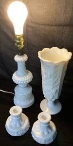 lot 55 image: Vintage Westmoreland Milk Glass Paneled Grape Tall Vase, Hobnail Dresser Vanity Lamp and Grape 4 Candle Holders