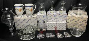 lot 76 image: Princess House Crystal Bud Vases, Bowls, Salt & Pepper, Spoon Rests, Candleholder and Porcelain Mugs