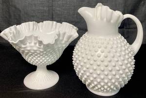 lot 56 image: Vintage 1950s Fenton Large Hobnail Milk Glass Pitcher and Fenton Hobnail Footed Bowl 9
