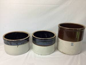 lot 40 image: Two-Tone 2 Gallon Crock and Two One Gallon Crocks