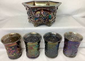 lot 53 image: Fenton Carnival Glass 5 Piece Set  -Chrysanthemum Hexagon 6 Footed Planter and 4 Luster Open Rose Tumblers