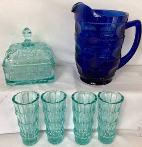 lot 73 image: Vintage Tiara Indiana Aqua Honey Dish, Aqua Bud Vase Flared 5.5 and Imperial Blue Pitcher 8.5