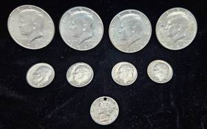 lot 104 image: 4 1964 Silver Kennedy Half Dollars, 4 Silver Dimes, 1 Silver Mercury Dime