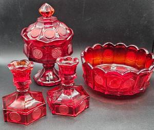 lot 54 image: Vintage Fostoria Ruby Red Coin 5 pc Set Cadmium Glow - 2 Candlesticks, Scalloped Glass Bowl and Compote Covered Candy Dish