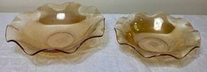 lot 20 image: Vintage Jeannette Marigold Iridescent Ruffled Floragold 9.75 and 11.5 Bowls