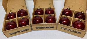 lot 53 image: Restoration Hardware 3 Optic Red Glass Ornaments - Set of 12 - New in Box
