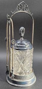 lot 55 image: Rogers & Bros Pickle Castor Set Triple Plate Glass Jar with Tongs