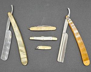 lot 58 image: Antique Straight Razors and Pocket Knives - German Tuxedo Mother of Pearl Handle, Small Mother of Pearl Knife, Two Straight Razors and Miller Bros Knife