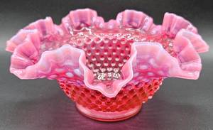 lot 7 image: Vintage Fenton Cranbery Glass Hobnail Opalescent Ruffle Bridal Bowl