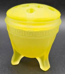 lot 8 image: Vintage J.E. Smith Taussaunt Green Uranium Glass Footed Greek Key Pattern Flower Frog Vase